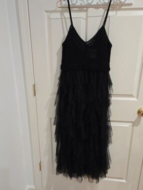 Black Crochet Bodice Tiered Tulle Maxi Dress NWT